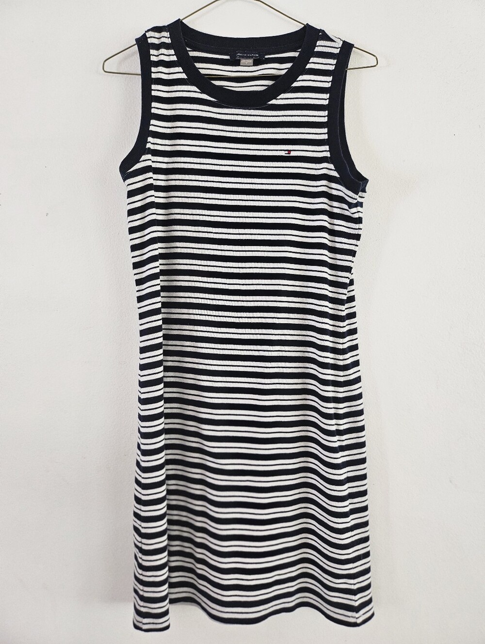Med- Tommy Hilfiger- Navy and White Striped Sleeveless Knit Mini Dress